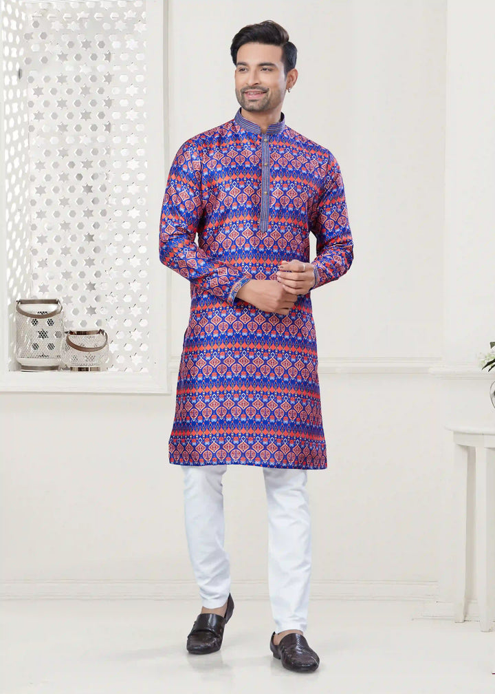 Men's Blue Silk Kurta Pajama Set with Designer Digital Print for Party Wear