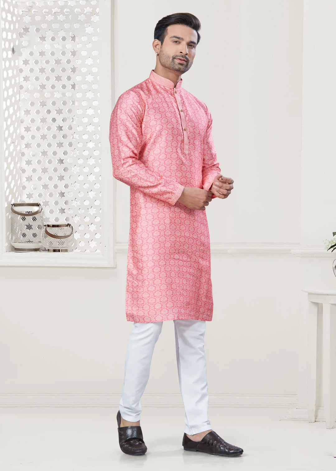Stylish Pink Silk Kurta Pajama for Men Designer Digital Print for Festive Wear