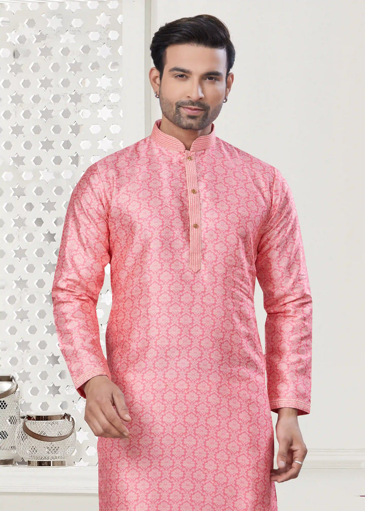 Stylish Pink Silk Kurta Pajama for Men Designer Digital Print for Festive Wear