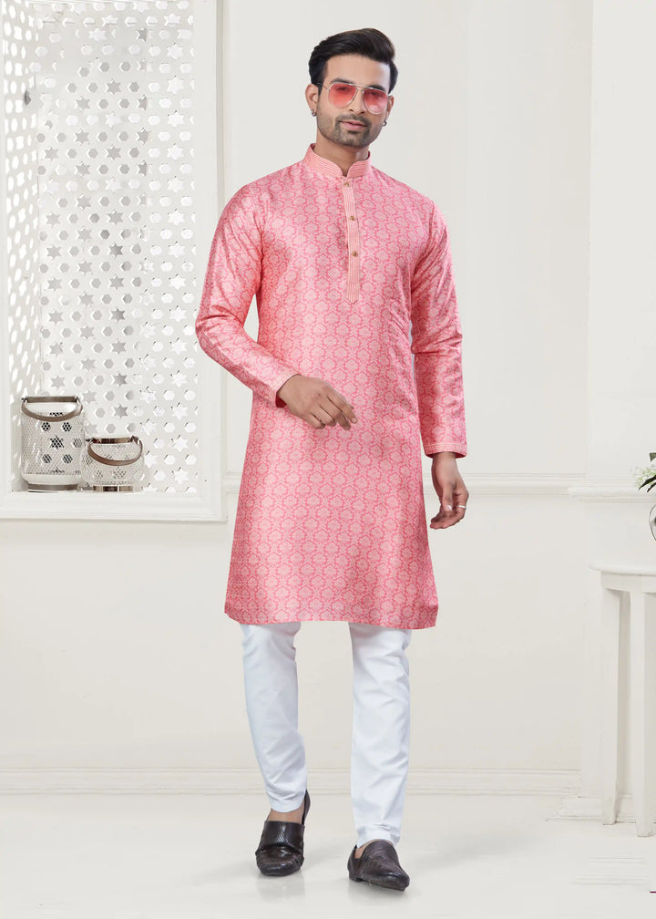 Stylish Pink Silk Kurta Pajama for Men Designer Digital Print for Festive Wear