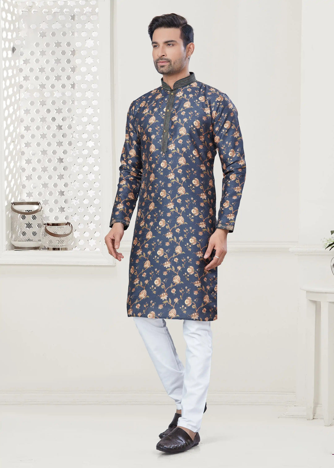 Elegant Dark Blue Designer Digital Printed Kurta Pajama for Men