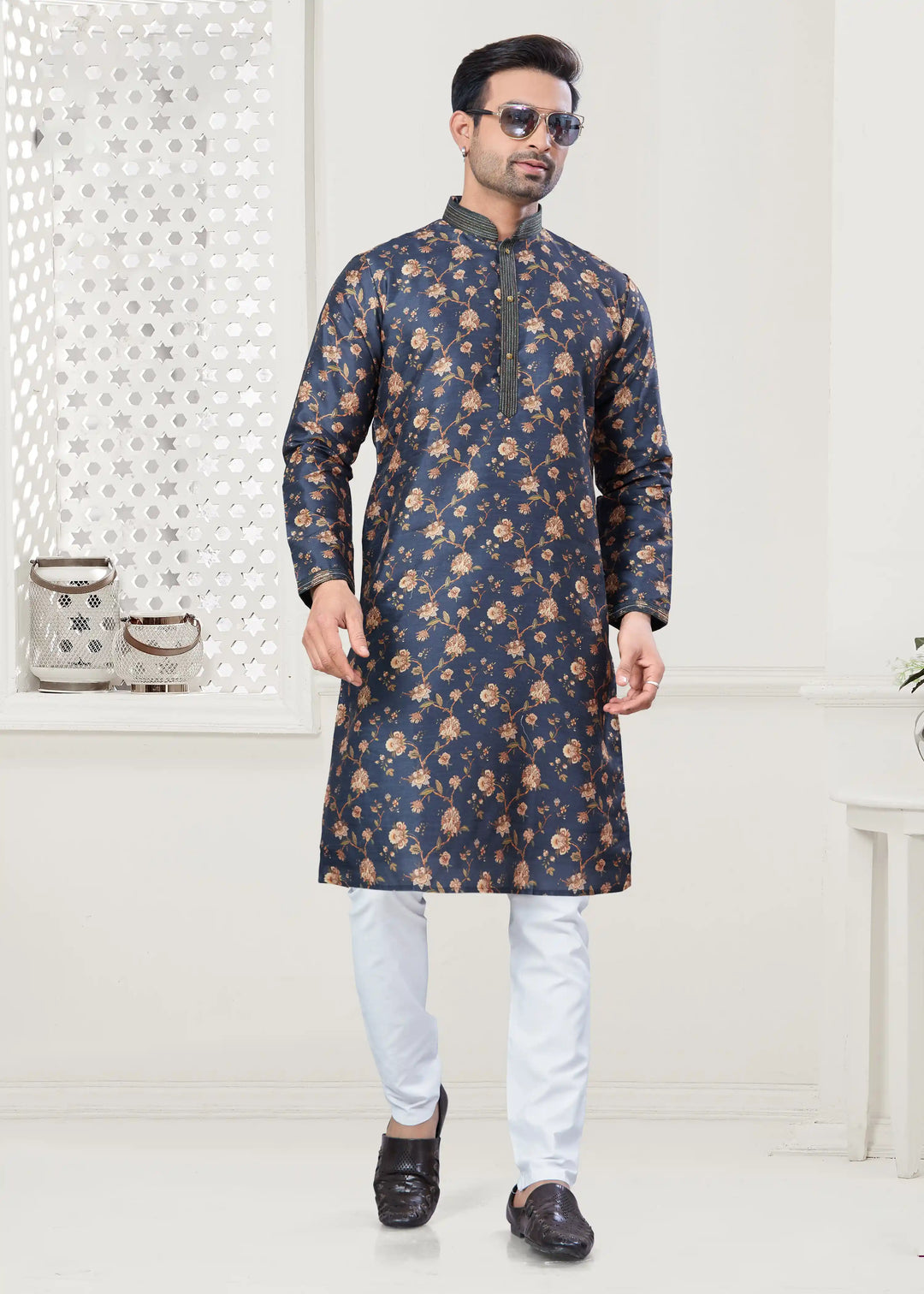 Elegant Dark Blue Designer Digital Printed Kurta Pajama for Men