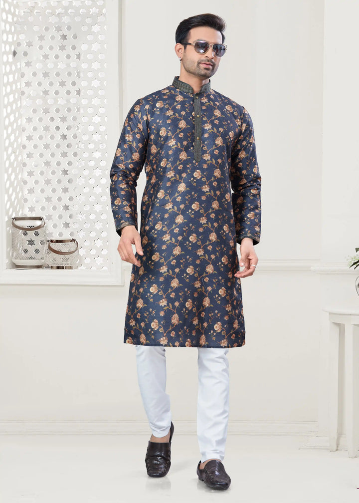 Elegant Dark Blue Designer Digital Printed Kurta Pajama for Men