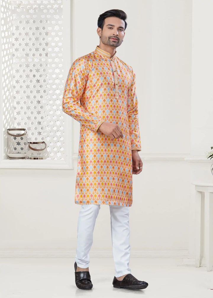 Stylish Yellow Silk Kurta Pajama Set for Men with Digital Print for festive Wear
