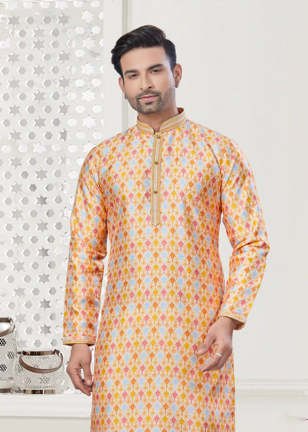 Stylish Yellow Silk Kurta Pajama Set for Men with Digital Print for festive Wear