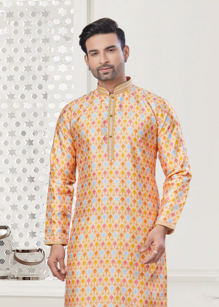 Stylish Yellow Silk Kurta Pajama Set for Men with Digital Print for festive Wear