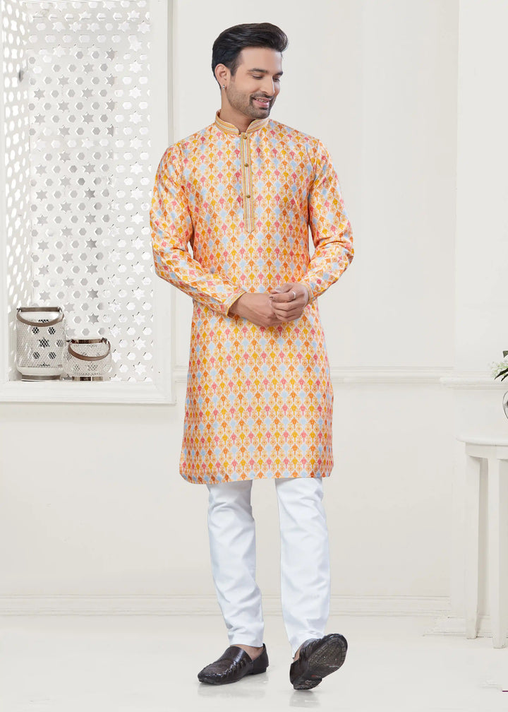 Stylish Yellow Silk Kurta Pajama Set for Men with Digital Print for festive Wear
