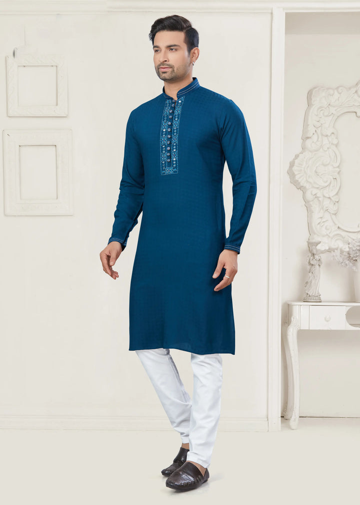 Blue Kurta Pajama for Men Cotton Pintex & Embroidery Set