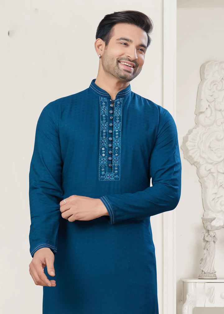 Blue Kurta Pajama for Men Cotton Pintex & Embroidery Set