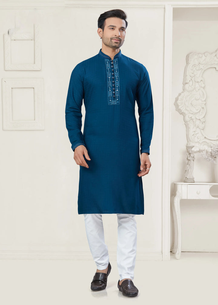 Blue Kurta Pajama for Men Cotton Pintex & Embroidery Set