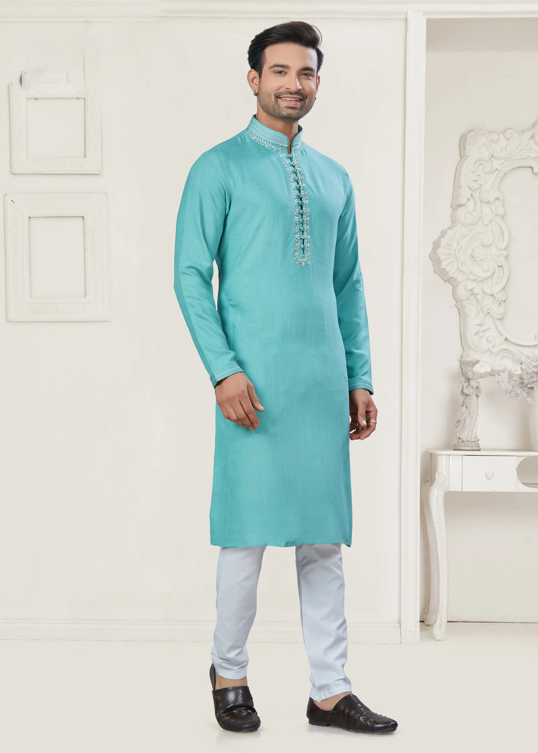 Stylish Sea Green Men's Kurta Pajama Set for Festive Wear
