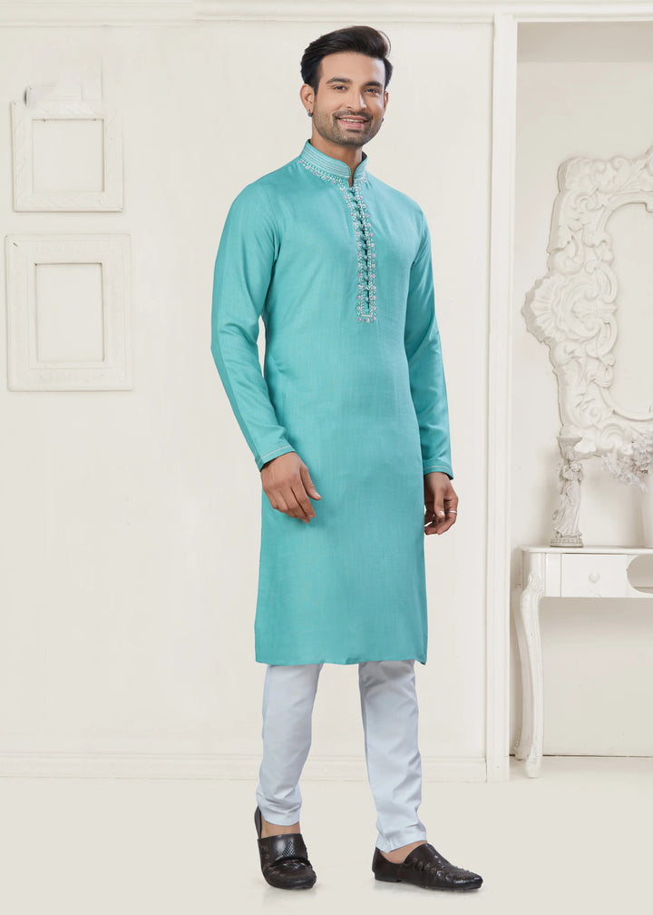 Stylish Sea Green Men's Kurta Pajama Set for Festive Wear