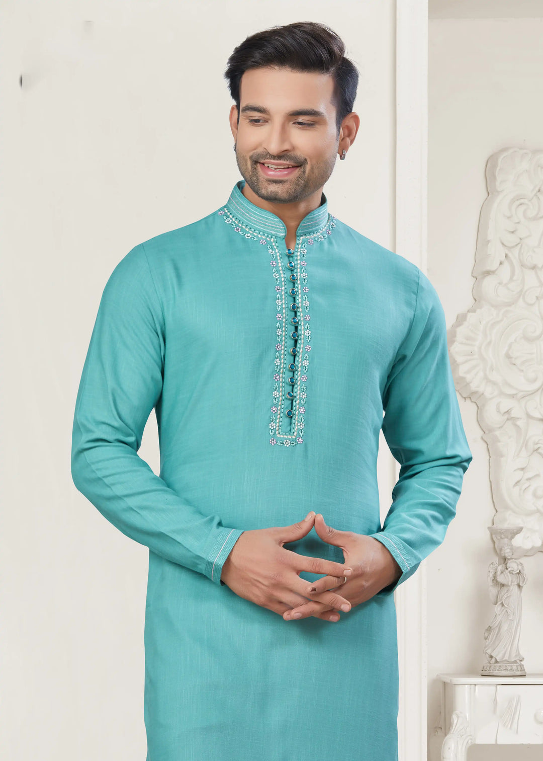 Stylish Sea Green Men's Kurta Pajama Set for Festive Wear