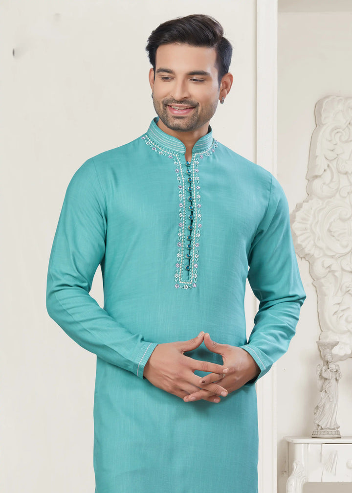 Stylish Sea Green Men's Kurta Pajama Set for Festive Wear