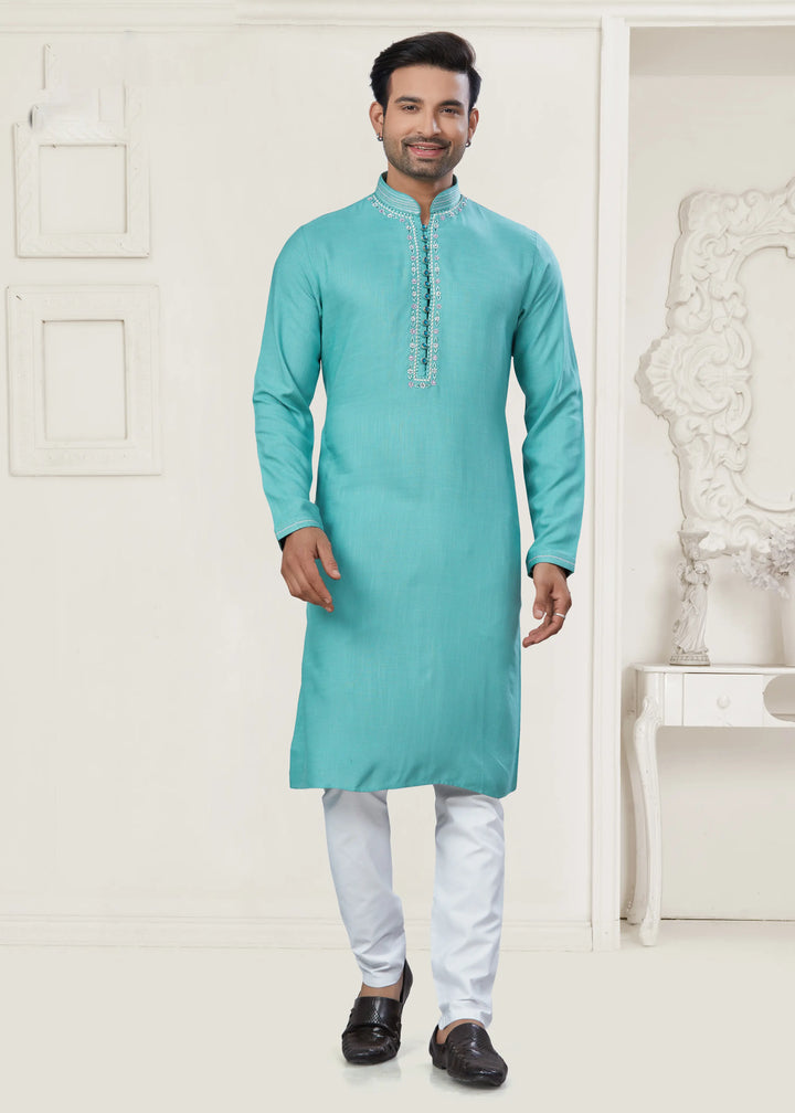 Stylish Sea Green Men's Kurta Pajama Set for Festive Wear