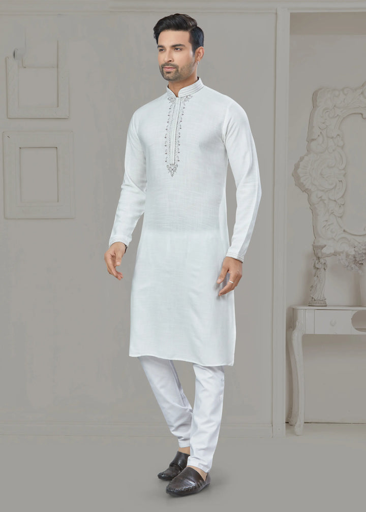 Stylish White Men's Kurta Pajama Set Designer Party Wear