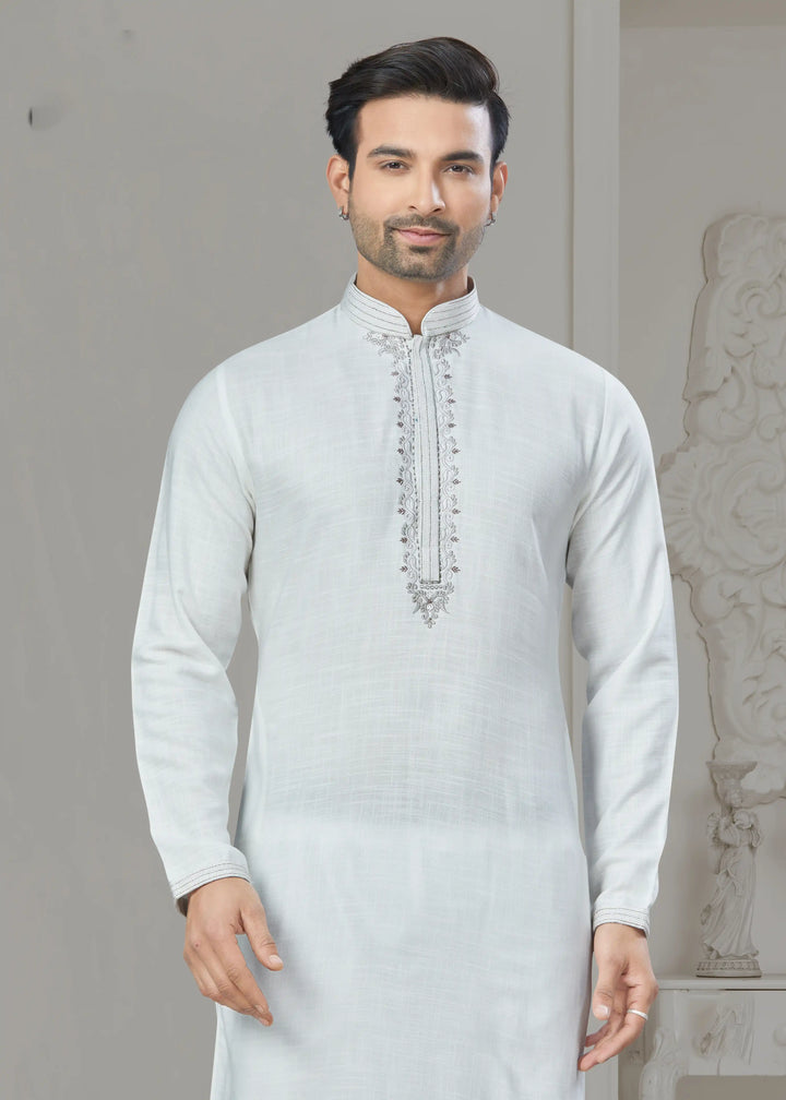 Stylish White Men's Kurta Pajama Set Designer Party Wear