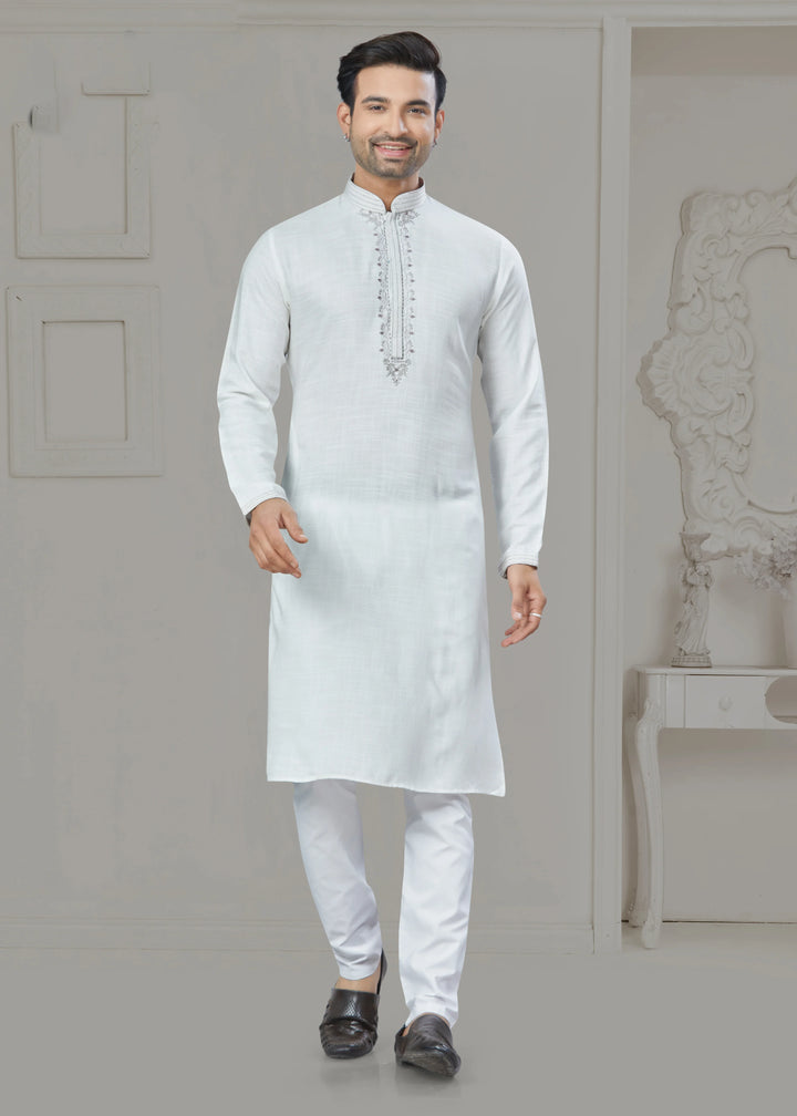 Stylish White Men's Kurta Pajama Set Designer Party Wear