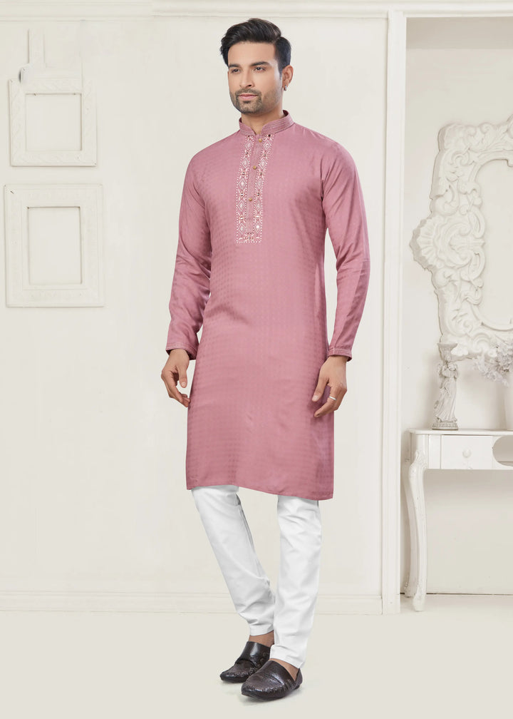 Pink Kurta Pajama for Men with Embroidery & Pintex Work for Festive Wear