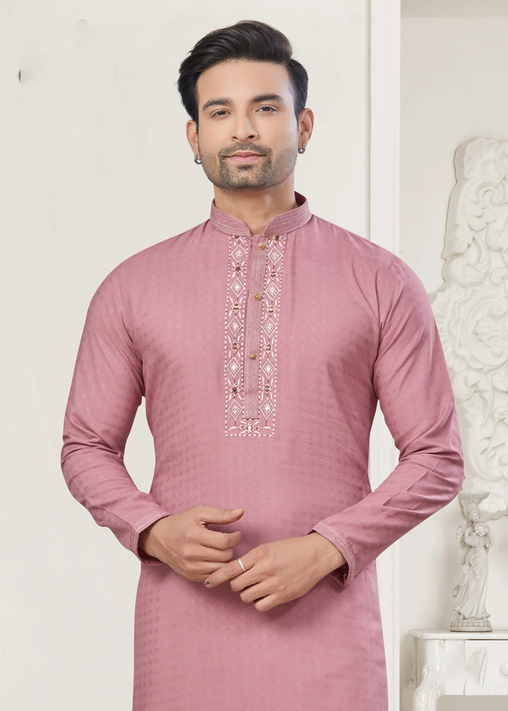 Pink Kurta Pajama for Men with Embroidery & Pintex Work for Festive Wear