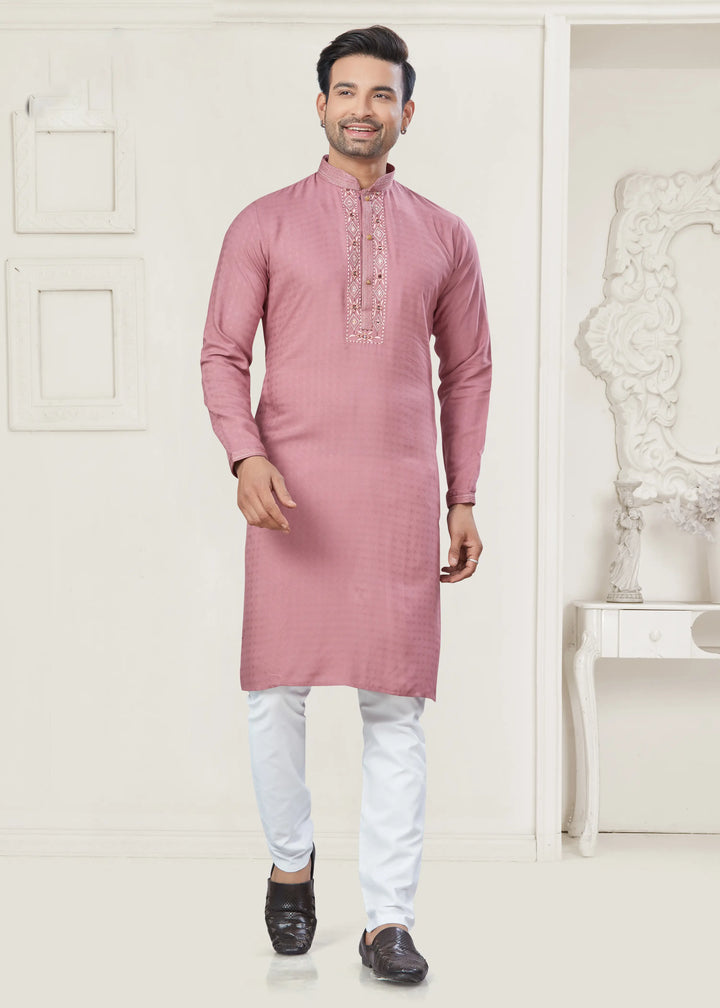 Pink Kurta Pajama for Men with Embroidery & Pintex Work for Festive Wear