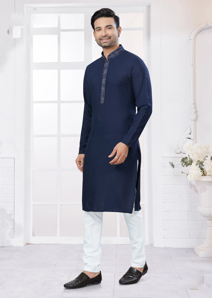 Navy Blue Embroidered Kurta Pajama for Men – Cotton Party Wear