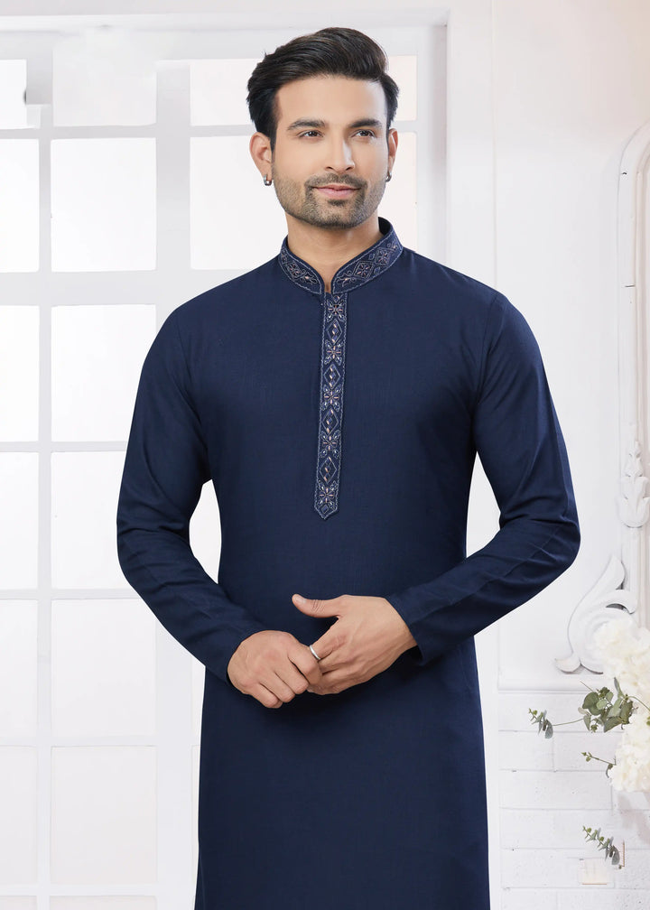 Navy Blue Embroidered Kurta Pajama for Men – Cotton Party Wear