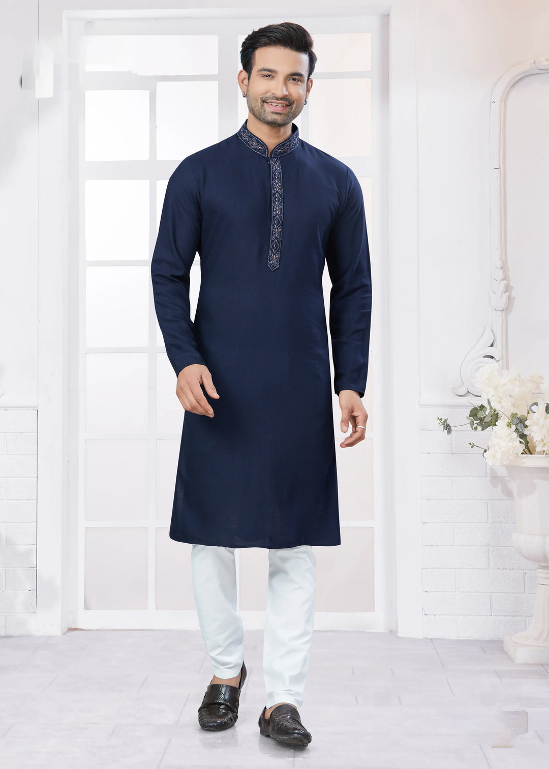 Navy Blue Embroidered Kurta Pajama for Men – Cotton Party Wear
