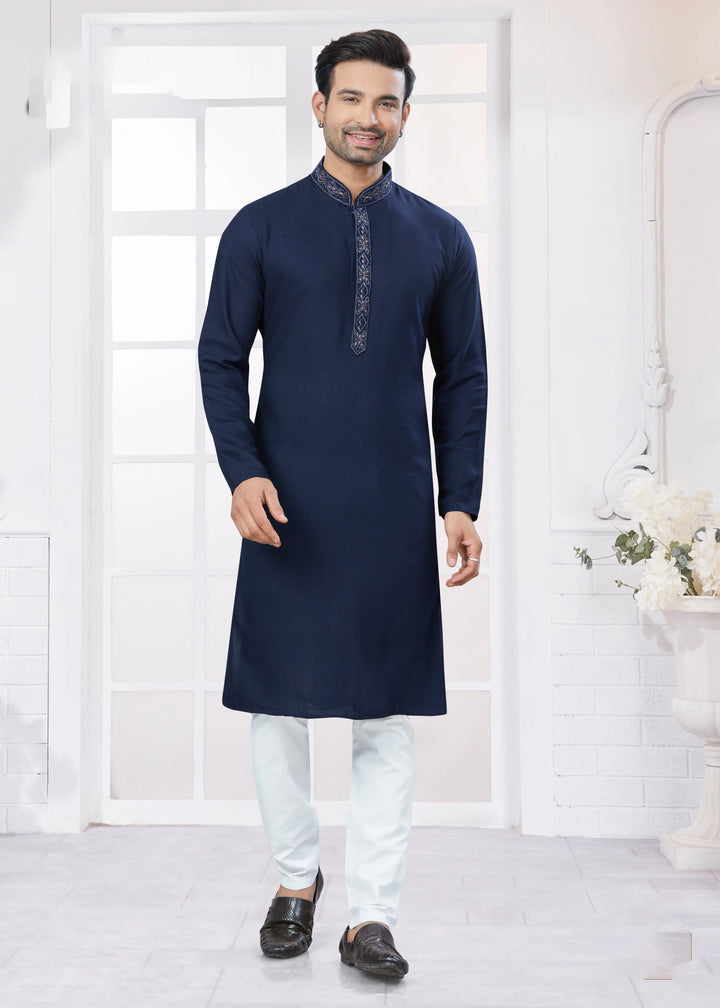 Navy Blue Embroidered Kurta Pajama for Men – Cotton Party Wear