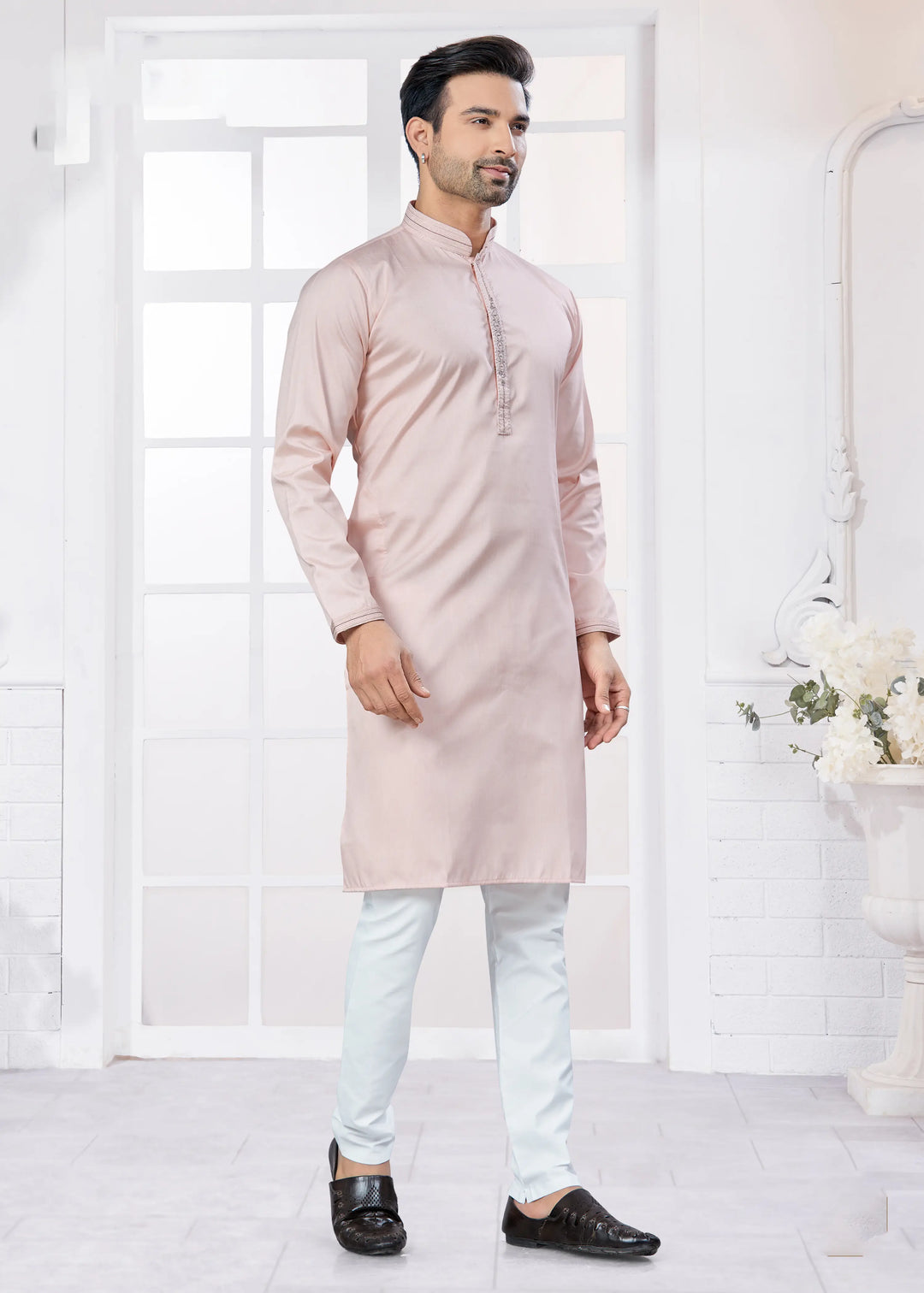 Men’s Pink Kurta Set – Designer Embroidery Cotton Outfit