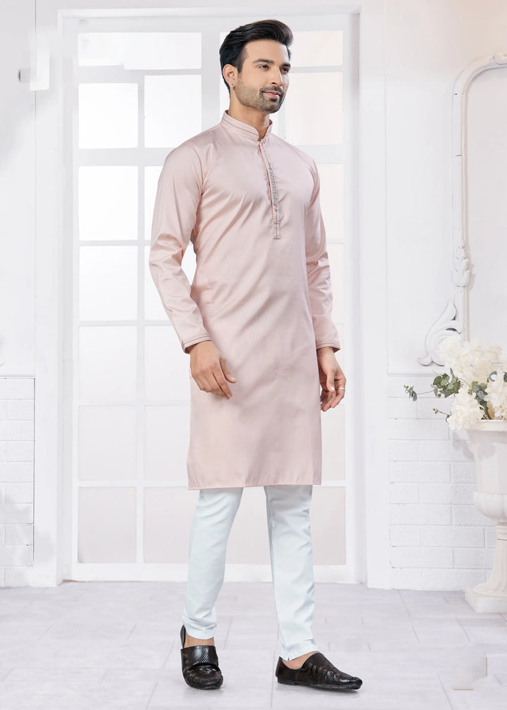 Men’s Pink Kurta Set – Designer Embroidery Cotton Outfit