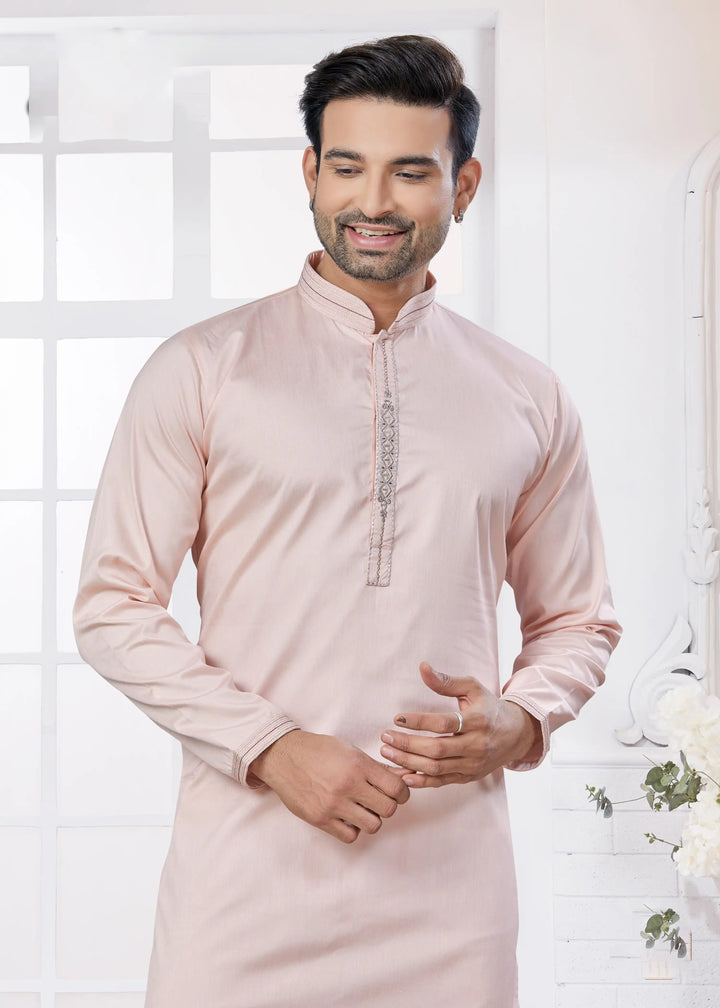 Men’s Pink Kurta Set – Designer Embroidery Cotton Outfit