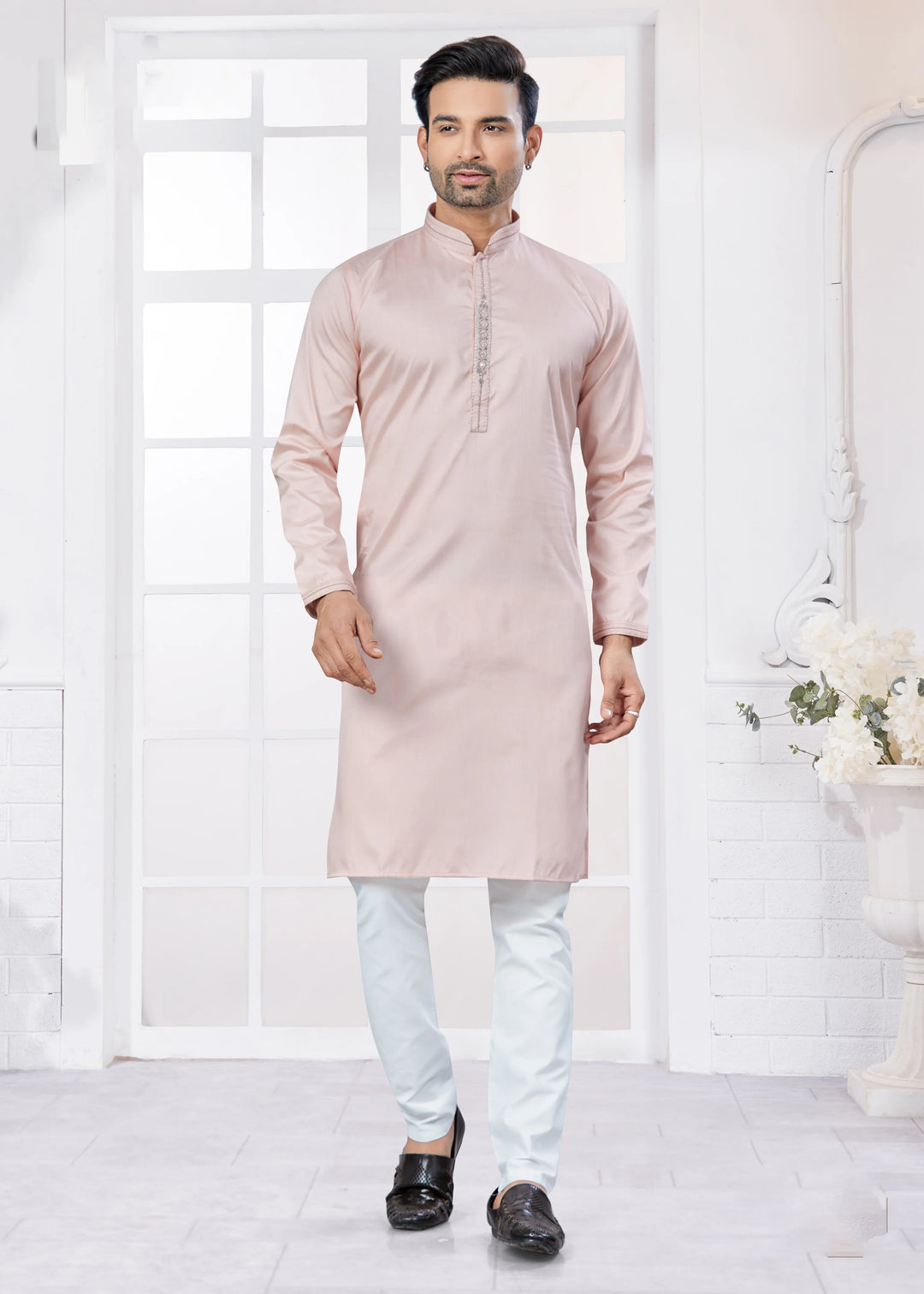 Men’s Pink Kurta Set – Designer Embroidery Cotton Outfit