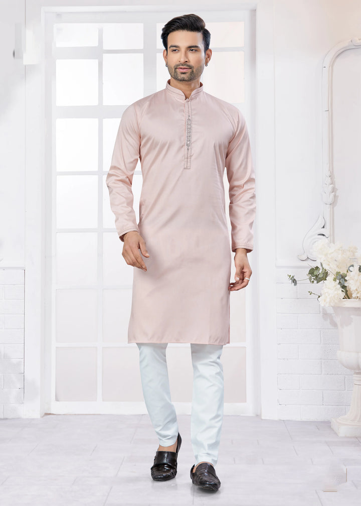 Men’s Pink Kurta Set – Designer Embroidery Cotton Outfit