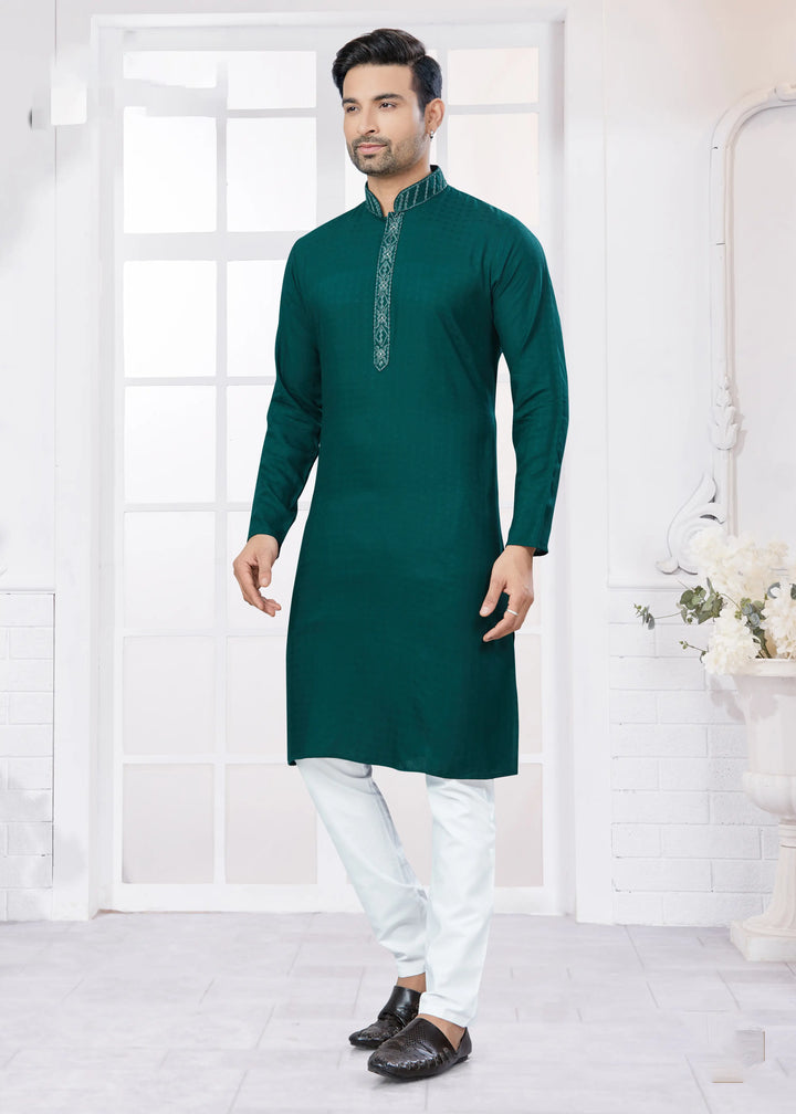 Dark Green Kurta Pajama for Men Embroidered Cotton Set