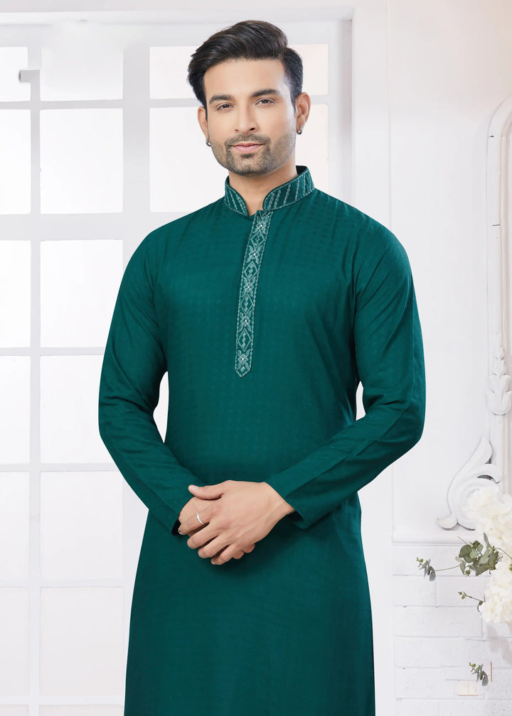 Dark Green Kurta Pajama for Men Embroidered Cotton Set