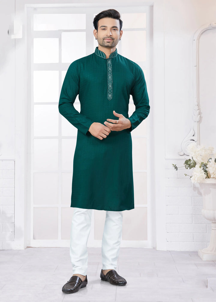 Dark Green Kurta Pajama for Men Embroidered Cotton Set