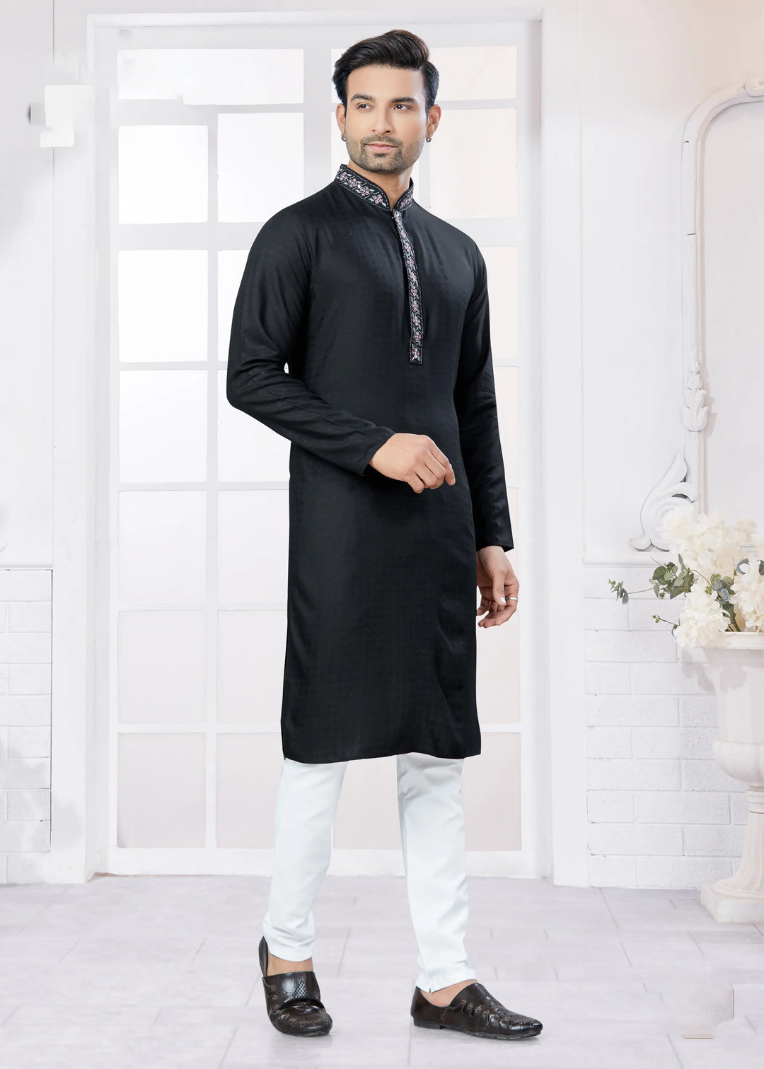 Men's Black Cotton Kurta Pajama – Embroidery Traditional Set
