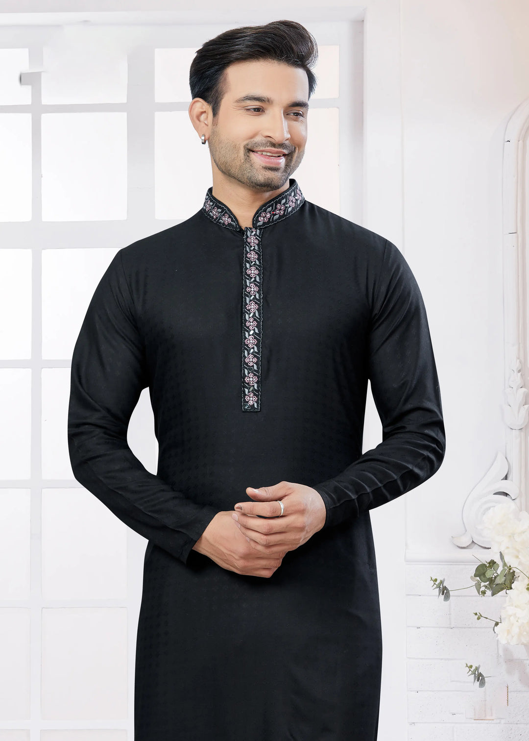 Men's Black Cotton Kurta Pajama – Embroidery Traditional Set