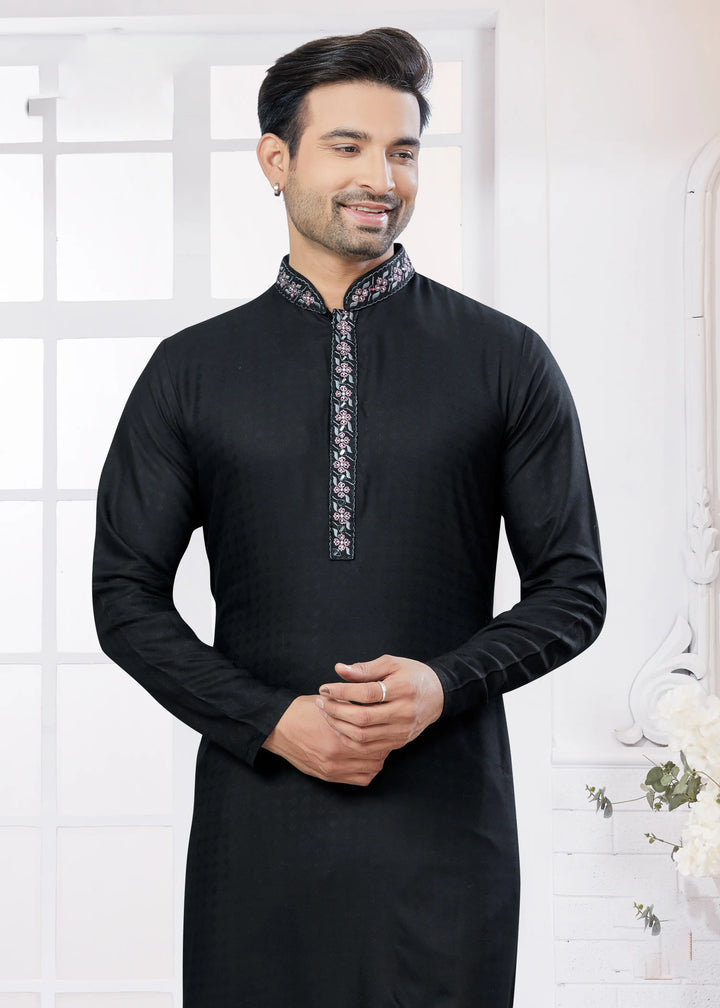Men's Black Cotton Kurta Pajama – Embroidery Traditional Set
