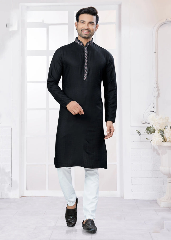 Men's Black Cotton Kurta Pajama – Embroidery Traditional Set