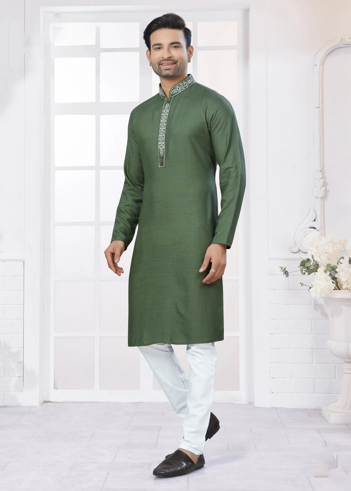 Men's Kurta Pajama in Mehndi Green Embroidery Cotton Set