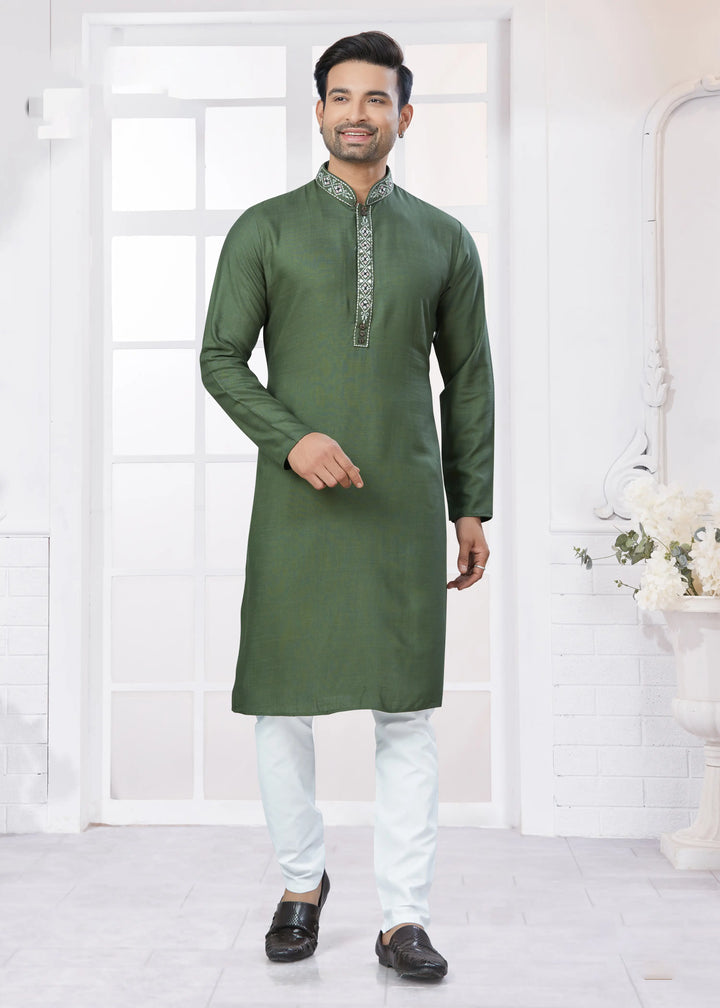 Men's Kurta Pajama in Mehndi Green Embroidery Cotton Set