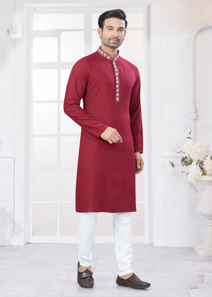 Stylish Maroon Kurta Pajama Men’s Cotton Festive Wear Set