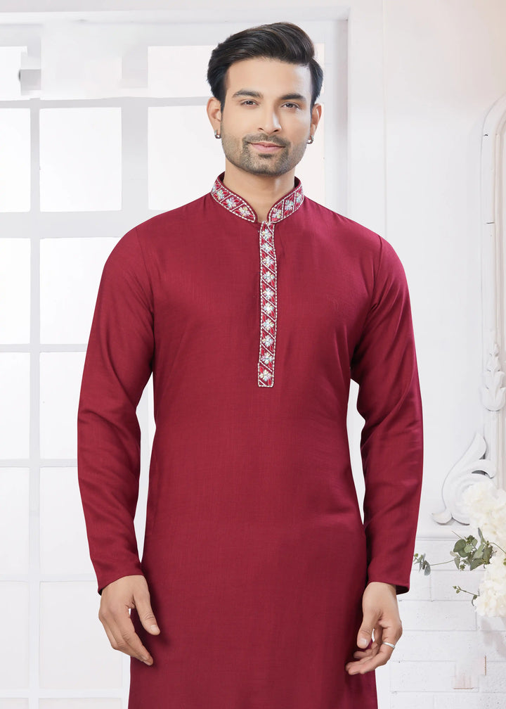 Stylish Maroon Kurta Pajama Men’s Cotton Festive Wear Set