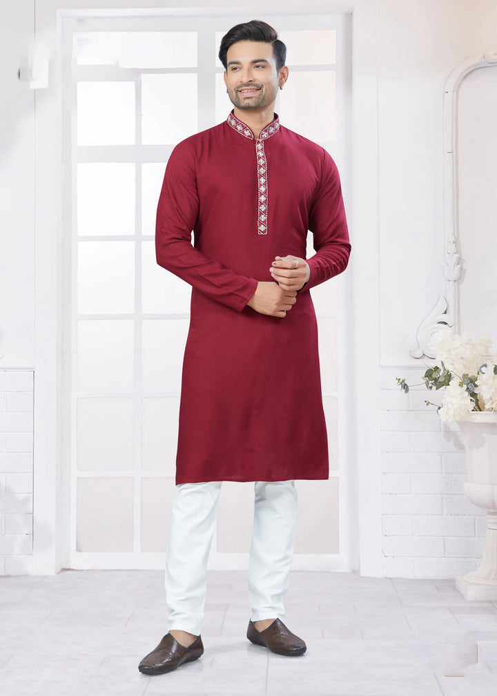 Stylish Maroon Kurta Pajama Men’s Cotton Festive Wear Set