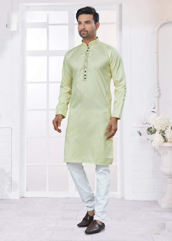Pista Green Kurta Pajama for Men Stylish Cotton Embroidered Set