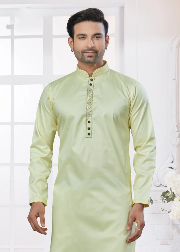 Pista Green Kurta Pajama for Men Stylish Cotton Embroidered Set
