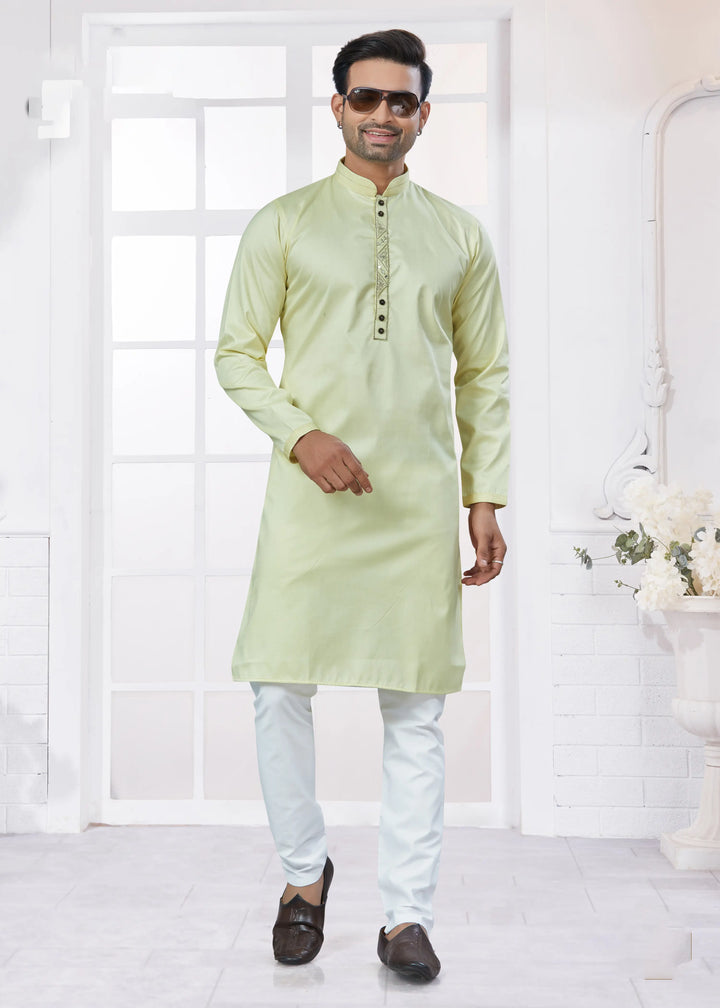 Pista Green Kurta Pajama for Men Stylish Cotton Embroidered Set