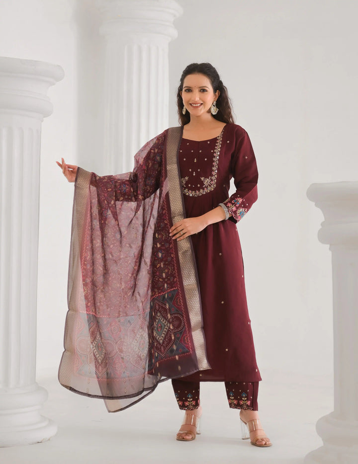 Designer Brown Embroidered Salwar Kameez Set for Women